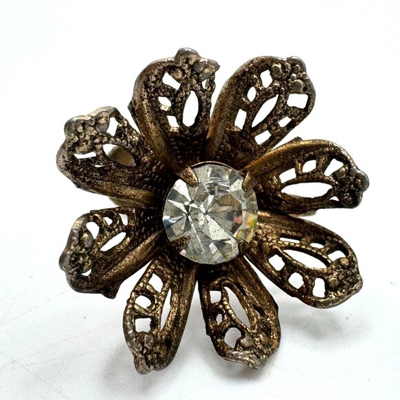 Gold-Tone Earrings Vintage Earrings Rhinestone Flower Screw-Back Mid-Century - Picture 6 of 7